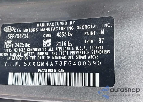 2015 Kia Optima Lx from USA, damaged, VIN 5XXGM4A73FG400390